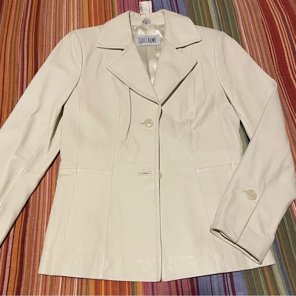 Guillaume white tailored fit button down leather jacket